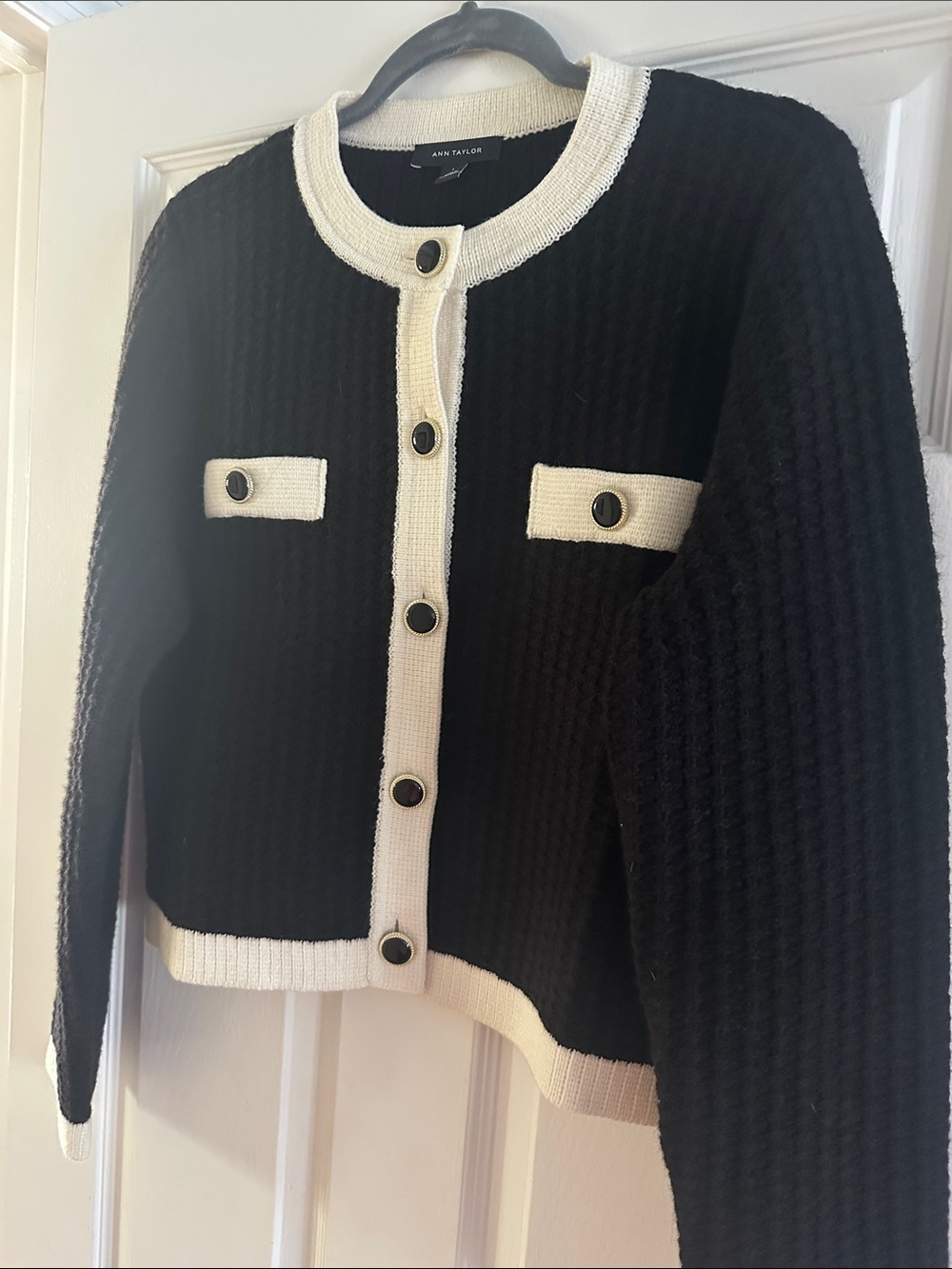 Ann Taylor Black and Cream Contrast-Trim Button Sweater Jacket - Picture 7 of 9
